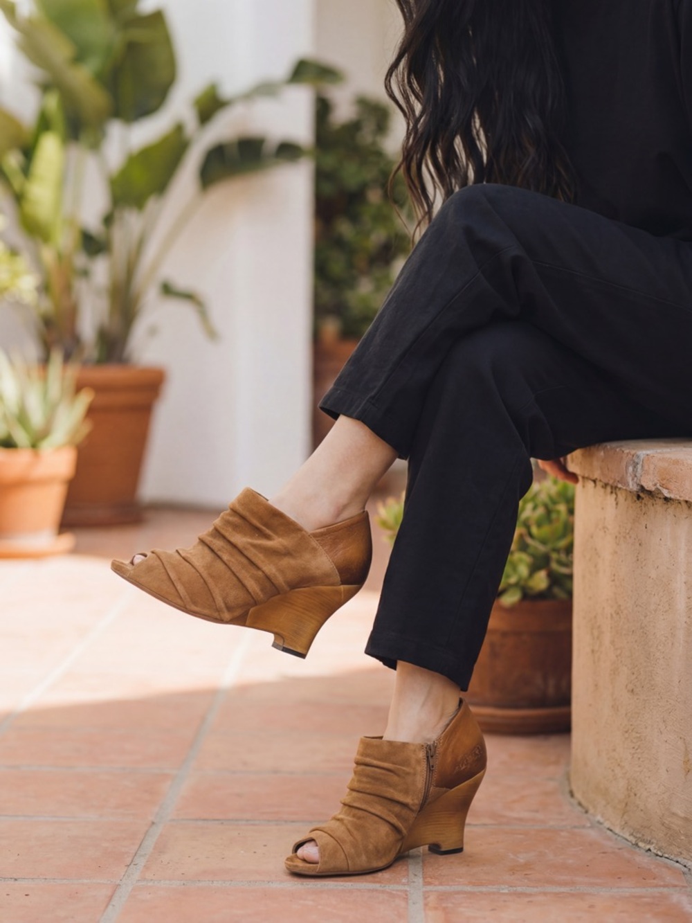 Naya Women's Cognac Suede Wedge Booties - Classic Pull-On Style